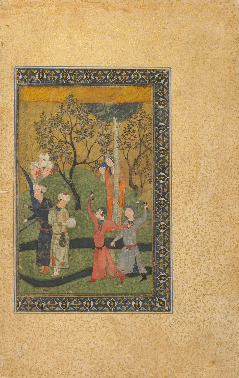 Folio fra en uidentificeret tekst; En prins og prinsesse omgivet af hoffolk i en have, Iran, turkomansk periode, ca. 1480 (ugennemsigtig akvarel, blæk og guld på papir) af Persian School