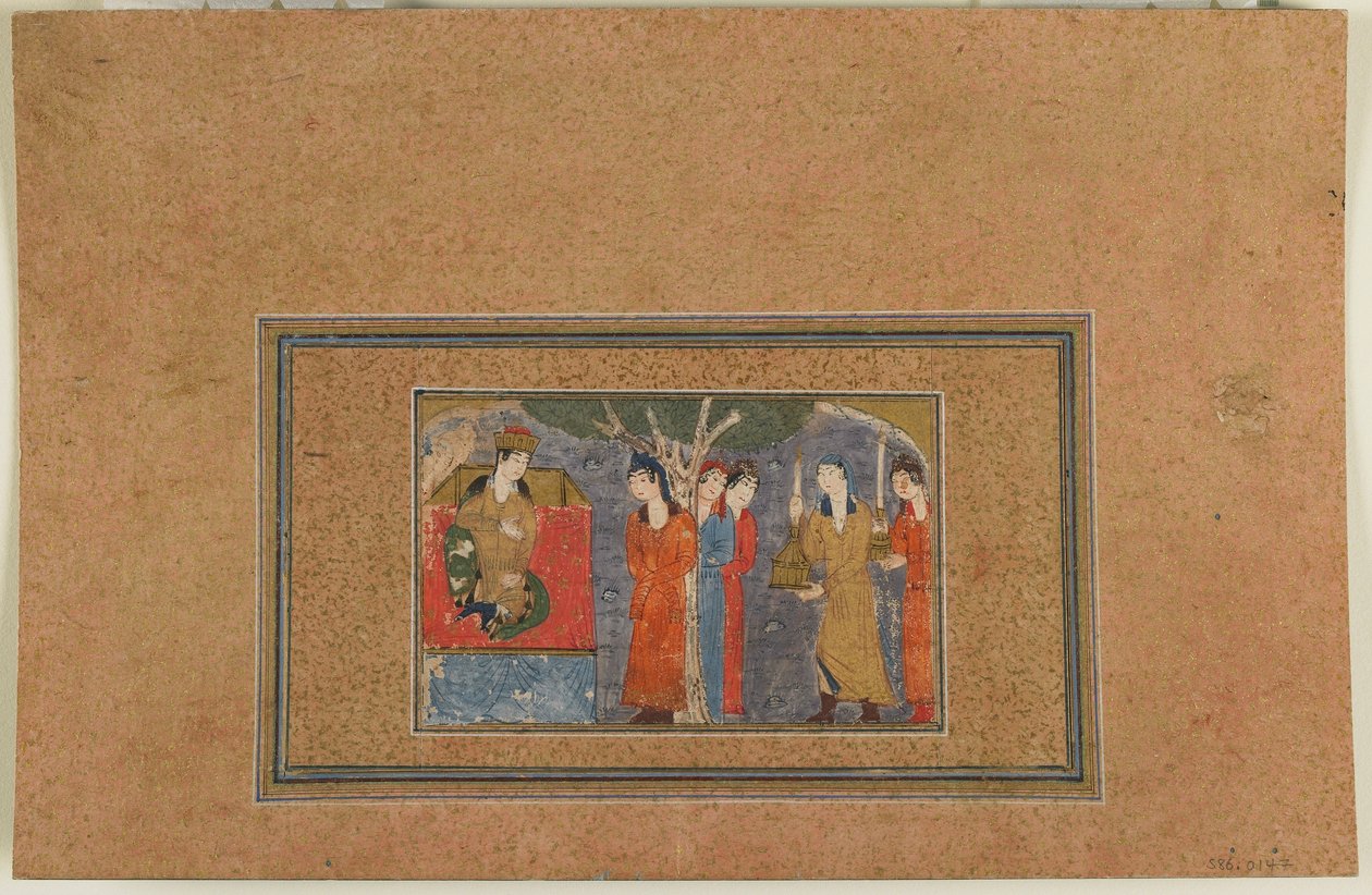 Folio fra en uidentificeret tekst; A Princess Enthroned, Iran, ca. 1440-50 (ugennemsigtig akvarel, blæk og guld på papir) af Persian School