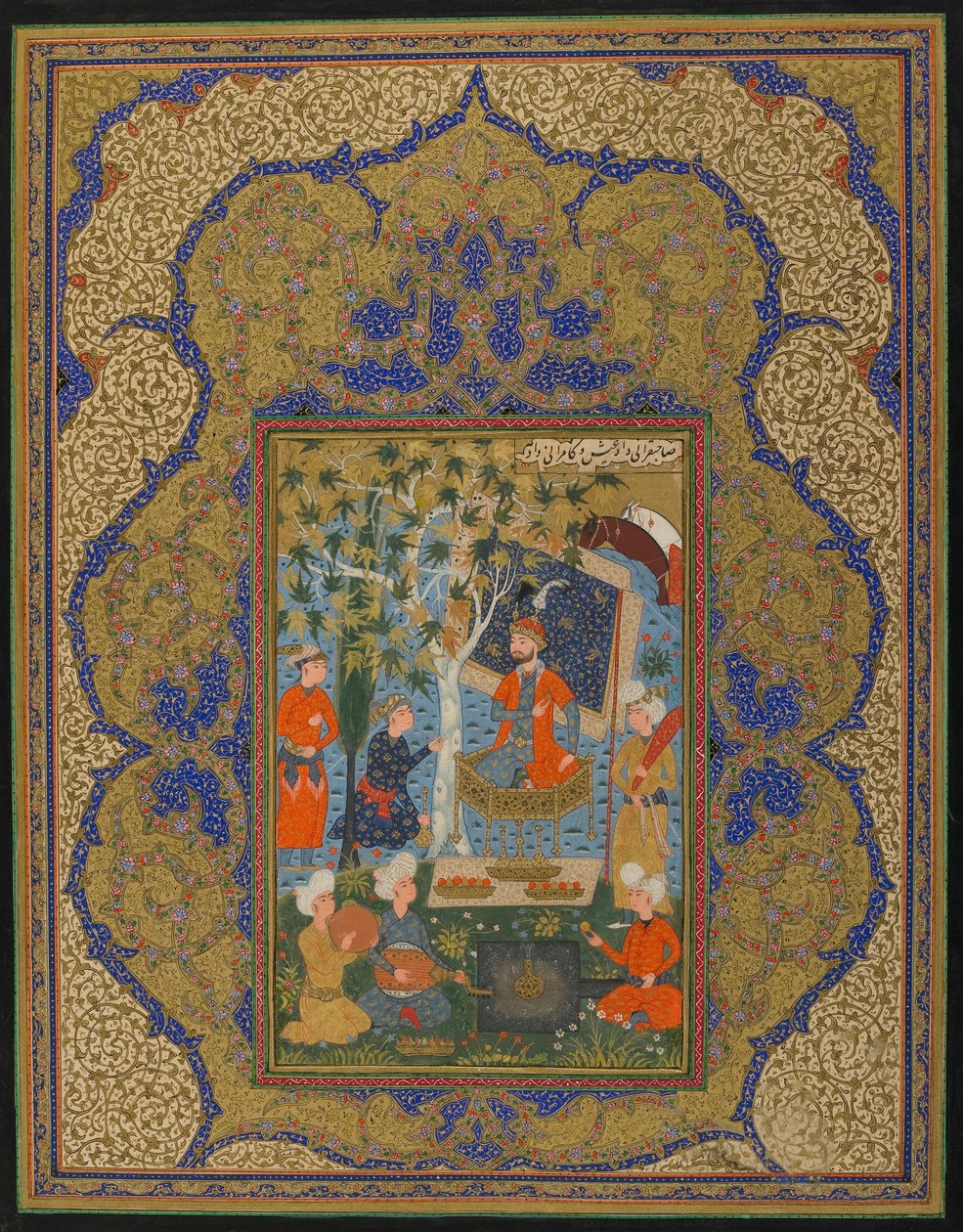 Folio fra en uidentificeret tekst; A Ruler Enthroned, muligvis Khurasan, Iran, ca. 1590 (ugennemsigtig akvarel, blæk og guld på papir) af Persian School