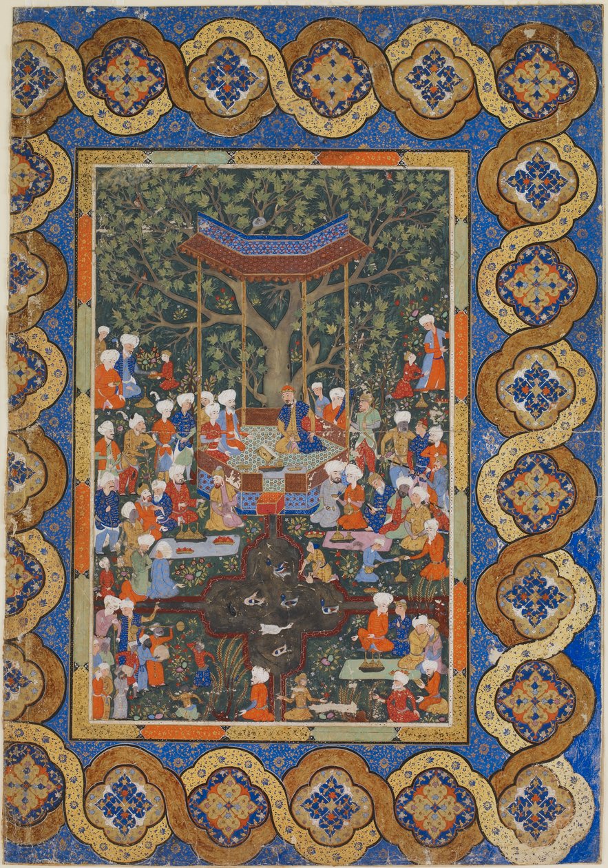 Folio fra en uidentificeret tekst; En lineal i en havepavillon omgivet af hoffolk og betjente (ugennemsigtig akvarel, blæk og guld på papir) af Persian School