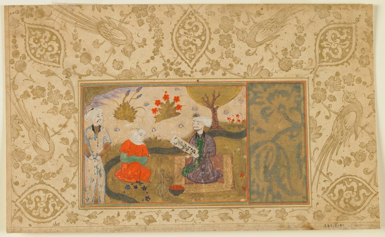 Folio fra en uidentificeret tekst; En kvinde taler med en siddende mand ved en bæk, Iran, ca. 1500 (ugennemsigtig akvarel, blæk og guld på papir) af Persian School