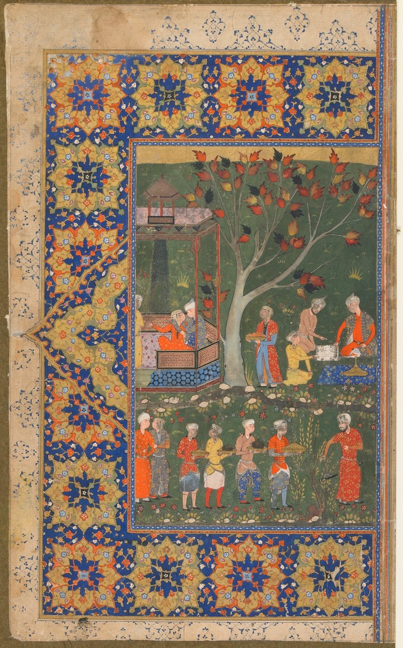 Folio fra en uidentificeret tekst; recto:A Party in a Garden, Shiraz, Iran, ca. 1570 (ugennemsigtig akvarel, blæk og guld på papir) af Persian School