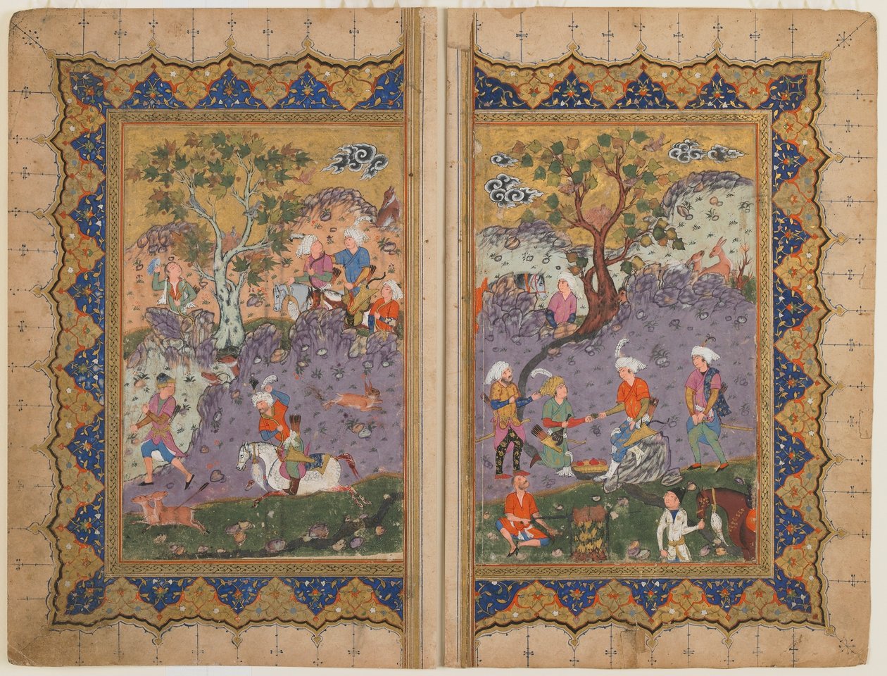Folio fra en uidentificeret tekst; verso: En prins, der sidder på en klippe omgivet af tjenere, Isfahan, Iran, ca. 1600 (ugennemsigtig akvarel, blæk og guld på papir) af Persian School