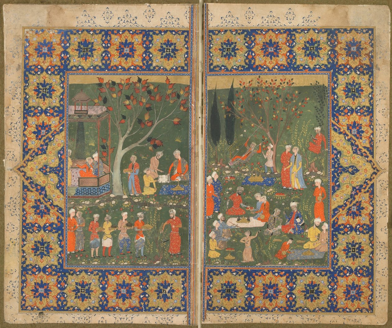 Folio fra en uidentificeret tekst; verso: En fest i en have, Shiraz, Iran, ca. 1570 (ugennemsigtig akvarel, blæk og guld på papir) af Persian School