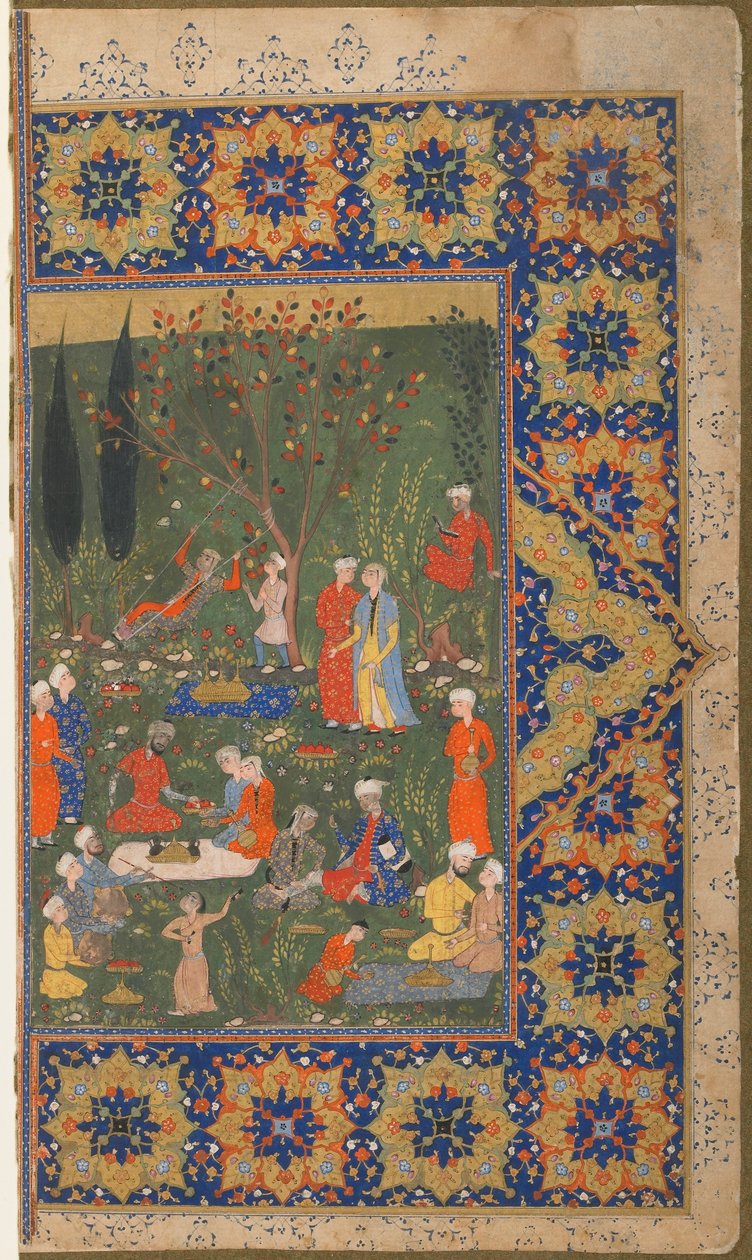 Folio fra en uidentificeret tekst; verso: En fest i en have, Shiraz, Iran, ca. 1570 (ugennemsigtig akvarel, blæk og guld på papir) af Persian School