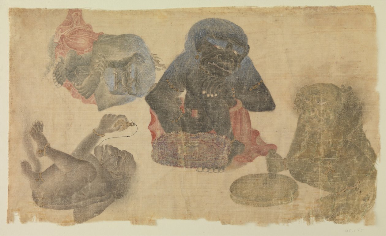 Fire fangede dæmoner, 1470-1500 (wc og guld på silke) af Persian School