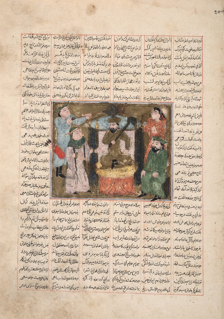 Gordiyeh råder sin bror Bahram Chubineh til ikke at stræbe efter den persiske trone, ca. 1330 (ugennemsigtigt wc, guld og blæk på papir) af Persian School