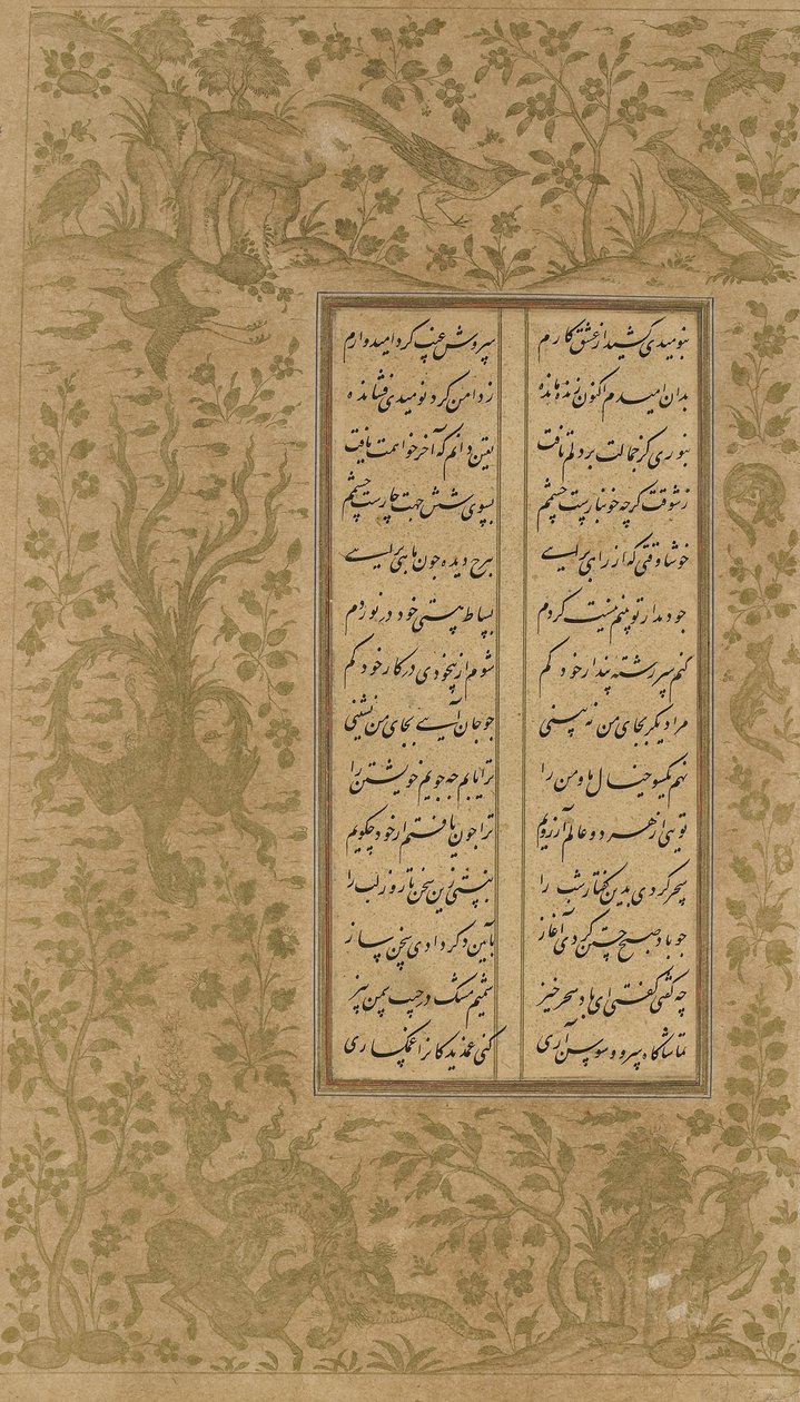 Vindrue- og fugledesign, folio fra Yusuf u-Zulaikha af Jami (d. 1492) Qazvin, Iran, Safavid-dynastiet, 1557 (blæk og guld på papir) af Persian School