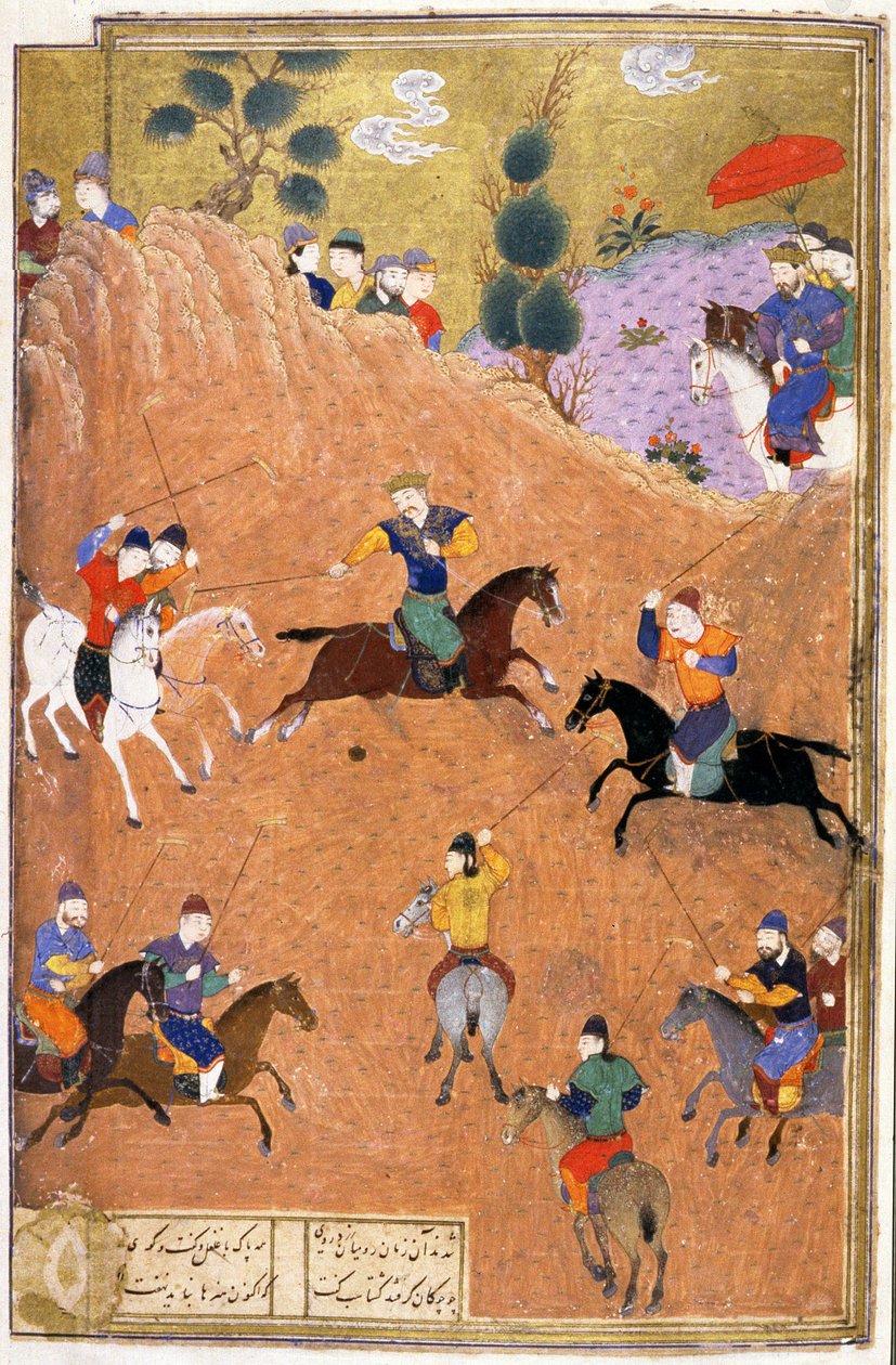 Gushtasp Playing Polo Before Caesar, illustration fra Shahnama (Kongernes Bog), af Abul-Qasim Manur Firdawsi (c.934-c.1020) c.1440-45 (pen, blæk & wc på vellum) af Persian School