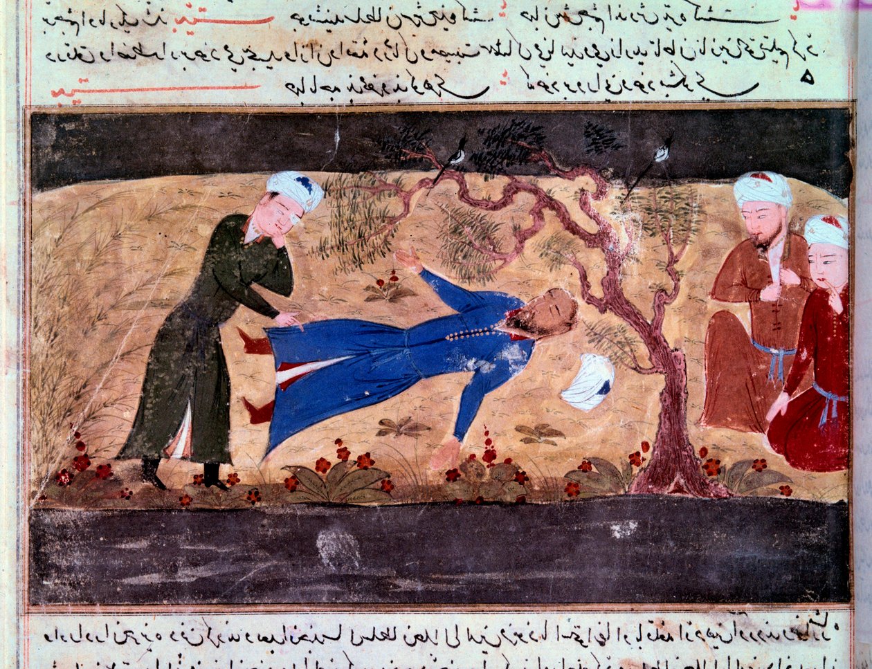 Mongolernes historie: Muhammad hwarazmshahs død. Manuskript ""Sum of Stories (Djame al-tavarikh) (Djame al-tavarikh)" (Folio 60v) af Rachid al-Din Fazl-ollah (Fazl ollah) Hamadani af Persian School
