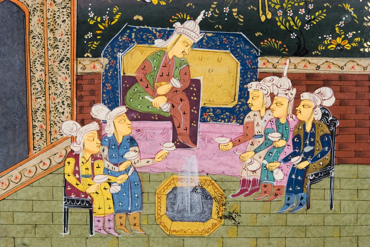 Jægere og favoritter drikker med noble eller King (ugennemsigtigt toilet på papir) (detalje af 272912) af Persian School