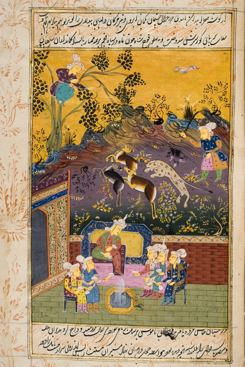 Jægere og favoritter drikker med ædel eller konge (ugennemsigtig wc og guld på papir) (for detaljer se 272920) af Persian School