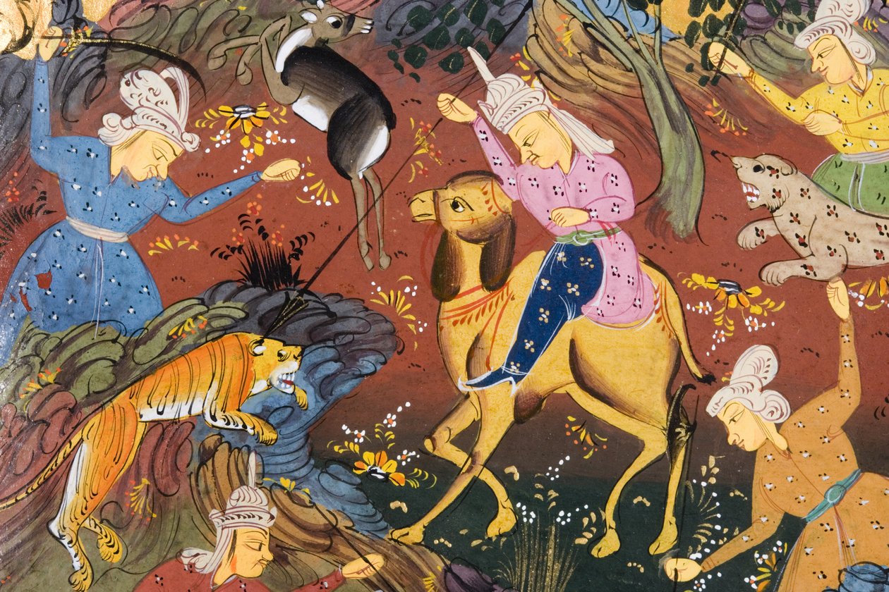 Jægere monteret og til fods dræber hjorte og tiger (ugennemsigtig akvarel på papir) (detaljer fra 272916) af Persian School