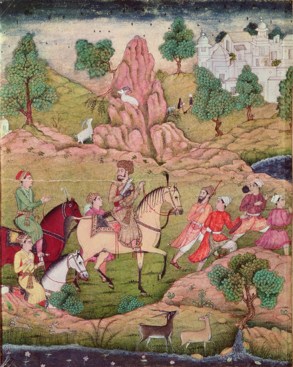 Jagt med en falk, Safavid-dynasti (1502-1736) af Persian School