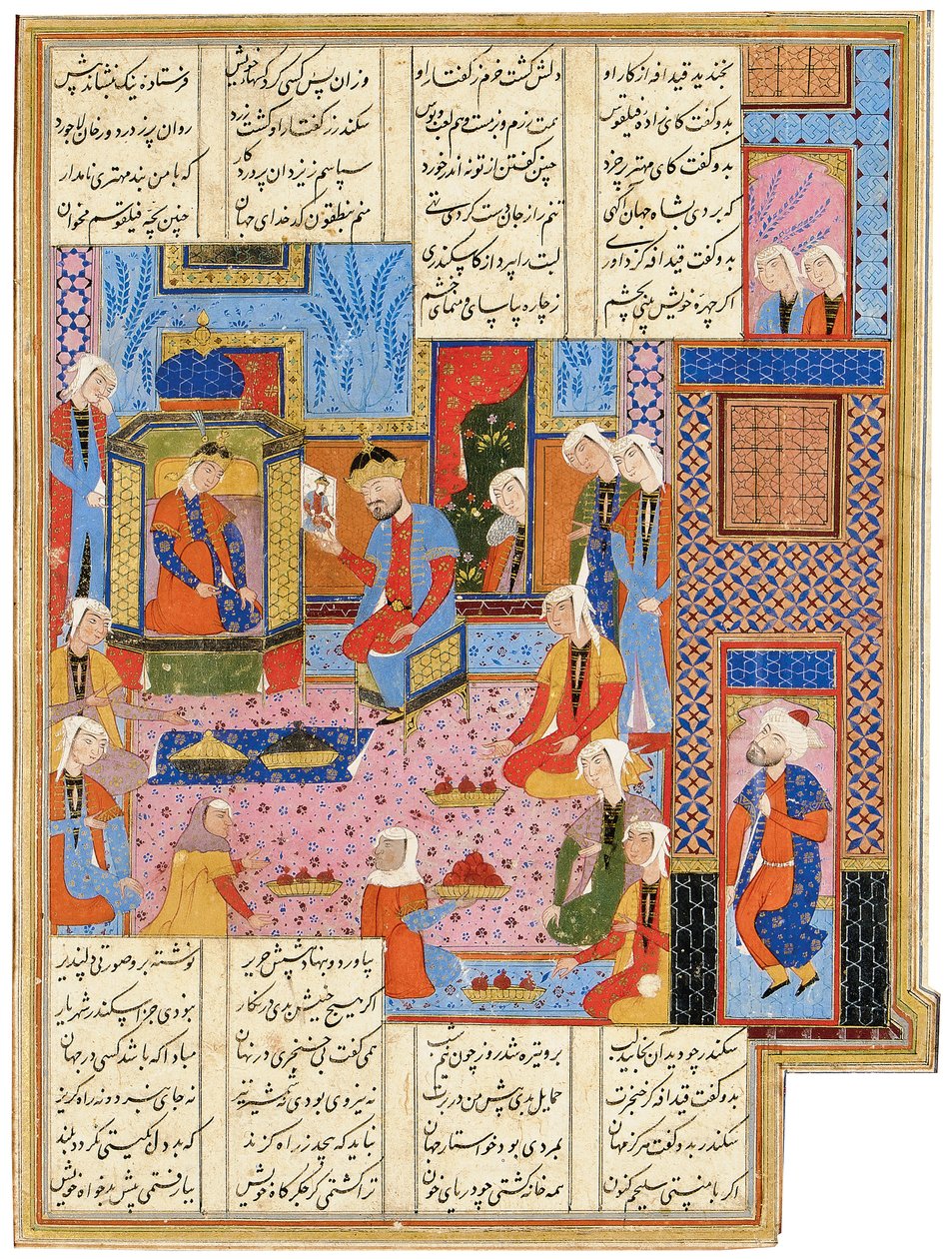 Illustration fra en Safavid Shahnama: Alexander, i forklædning af en udsending, er anerkendt af dronning Nushaba, Shiraz, Iran, 1650-1700 af Persian School