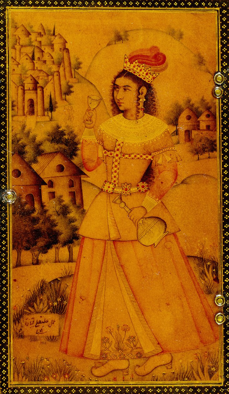 Interiør af en spejlkasse malet med en stiliseret europæisk dame, der holder en vinkop og en flaske, 1600-tallet af Persian School