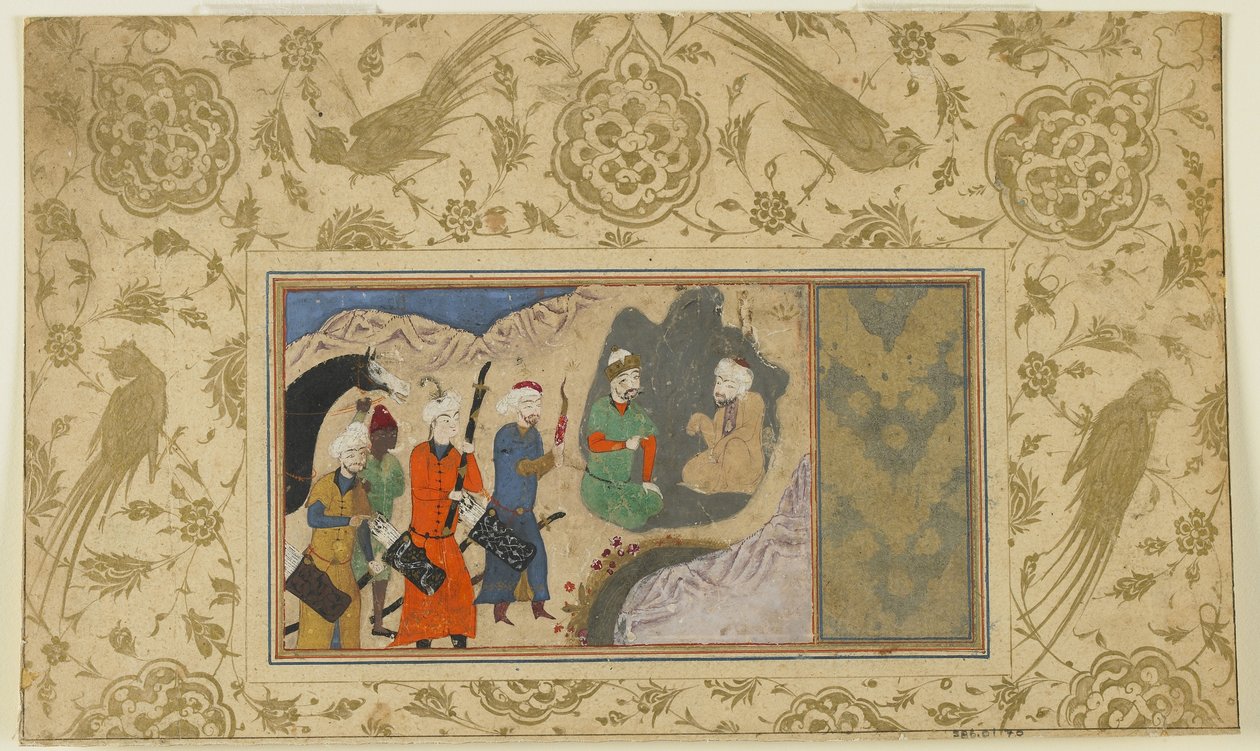 Iskandar besøger en eremit, ca. 1500 (ugennemsigtig akvarel, blæk og guld på papir) af Persian School