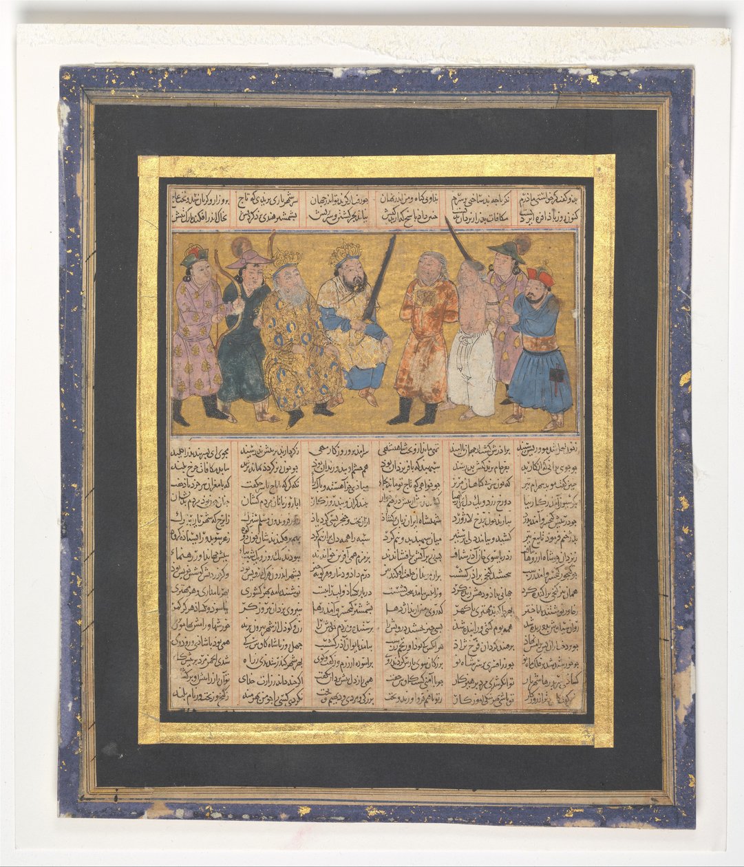 Kai Khusrau Enthroned Holding a Sword, ca. 1300-30 (blæk, uigennemsigtig akvarel og guld på papir) af Persian School
