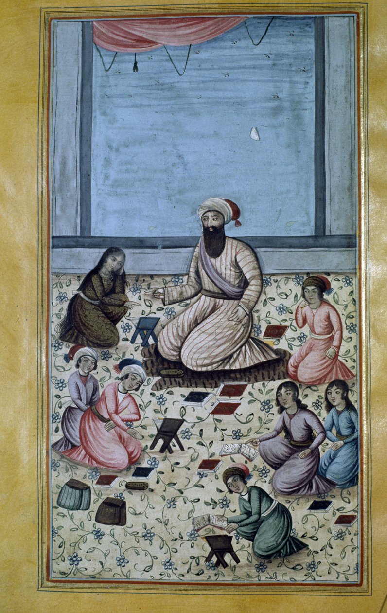Koranisk grundskole (grundskole) i Persien i det 19. århundrede. Persisk miniature af Persian School