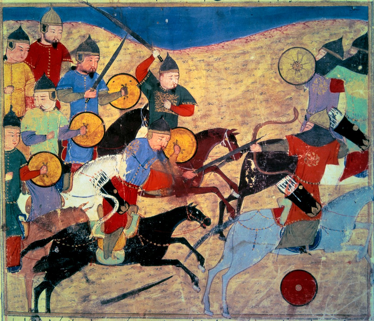 Læk af Noqai (Kara Nogai Khan (Noghai, Noqai, Nokhai, Nogay, oldebarn af Djengis Khan, død 1299). Mongolske ryttere. Persisk manuskript malet "" Sum of Stories (Djame al-tavarikh) (Djame al-tavarikh)" ” (Folio 155v), skrevet af Rachid al-Din Fazl af Persian School