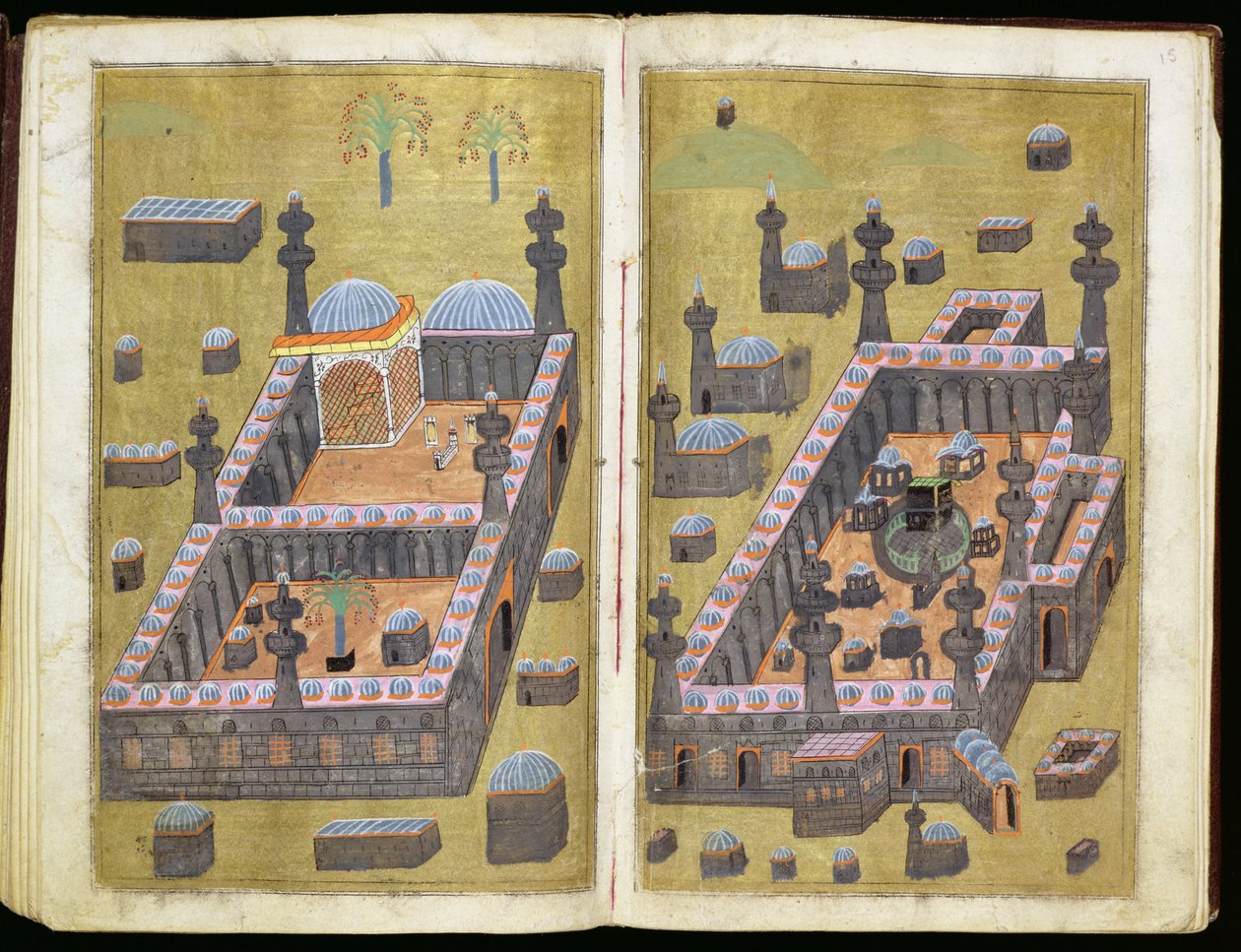 MS.343.f15v-16r Moskeerne i Medina og Mekka, fra `Reasons for Charity, af Mustafa Al-Shukri, 1160 af Persian School
