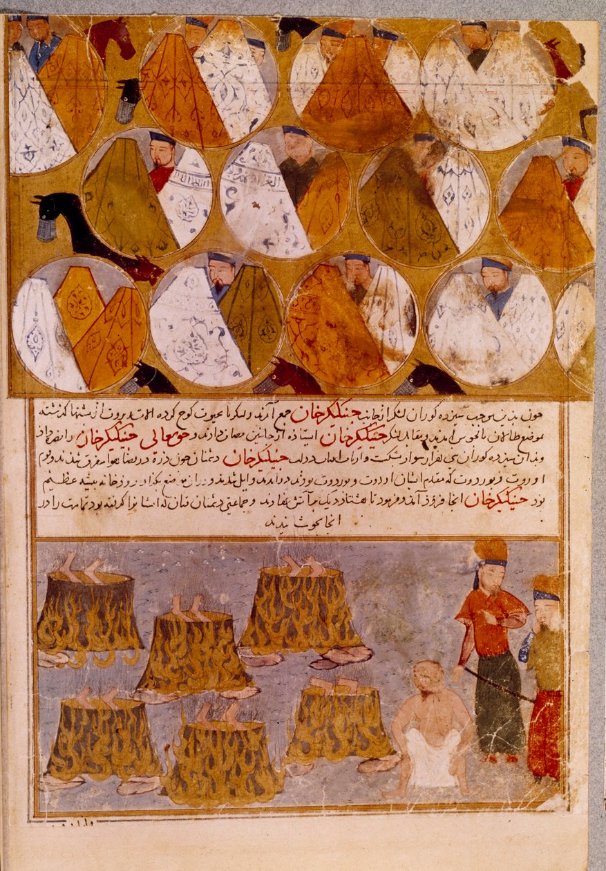 Mongolske telte og fanger af Djengis Khan (1162-1227): Djengis Khan får tilhængere af Djamuqua, en mongol fra Jadjirat-stammen, kastet i kedlerne. Persisk miniature taget fra "" Jami al-tawarikh"" (Jami al tawarikh) eller "" Universal History"" af Persian School
