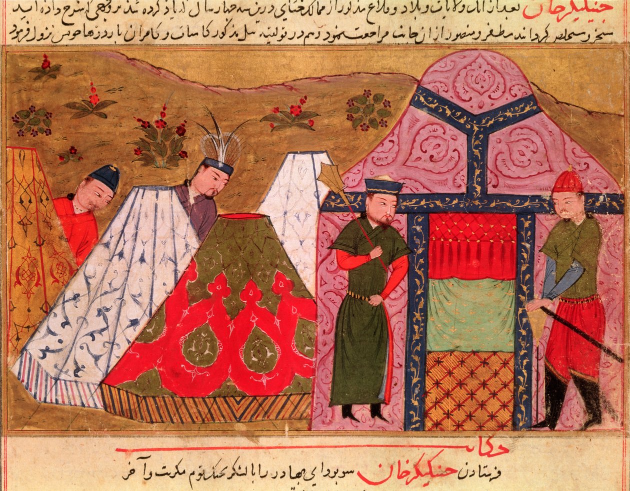Ms.Sup.Pers.1113. fol. 66v Djengis Khans lejr (ca. 1162-1227) fra en bog af Rashid al-Din (1247-1318) af Persian School