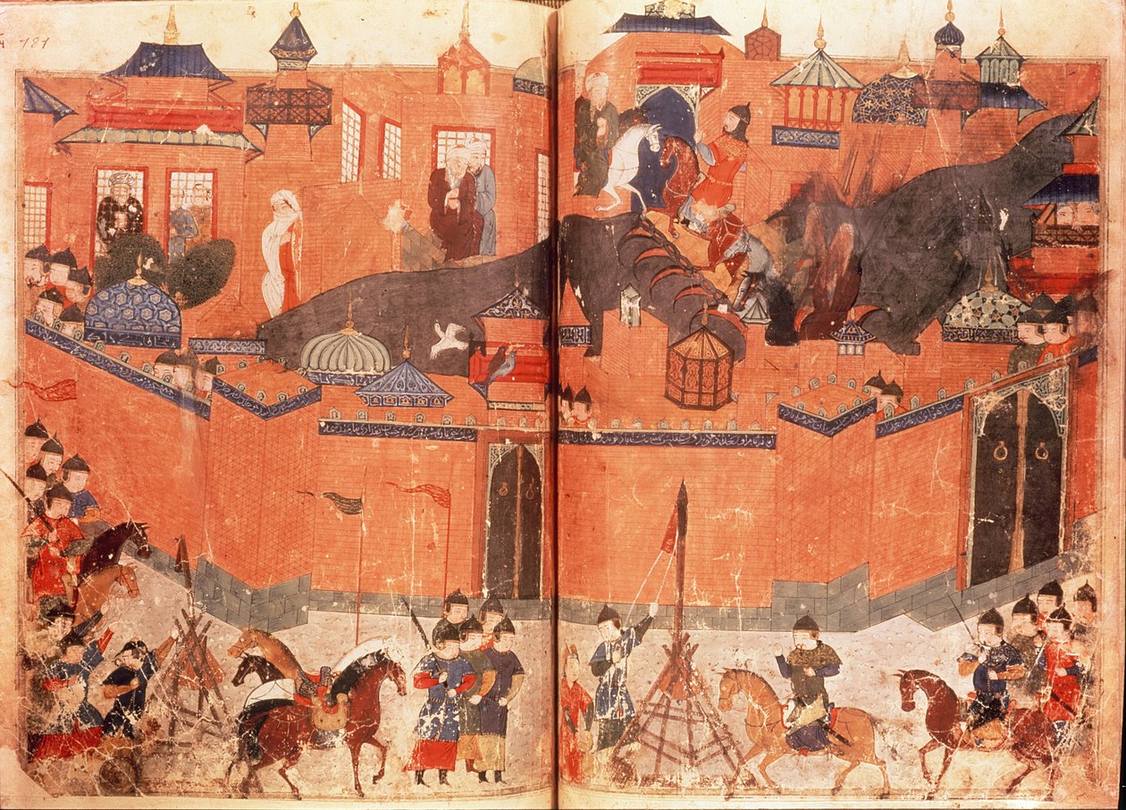 Ms.Sup.Pers.1113.f.180v-181 Mongoler under ledelse af Hulagu Khan stormede og erobrede Bagdad i 1258, fra en bog af Rashid al-Din (1247-1318) (vellum) af Persian School