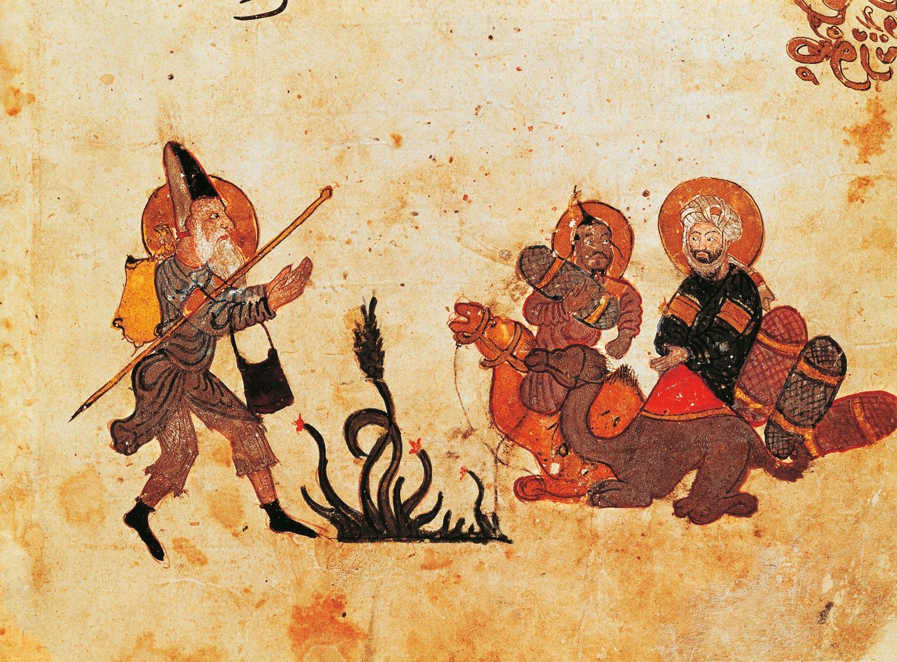 Ms Ar 3929 f.69, Abu Zayd forlader al-Harith under pilgrimsrejsen til det nordlige Irak, fra Al Maqamat, (Møderne), illustreret af Hariri, anden fjerdedel af det 13. århundrede (gouache på pergament) (se a af Persian School