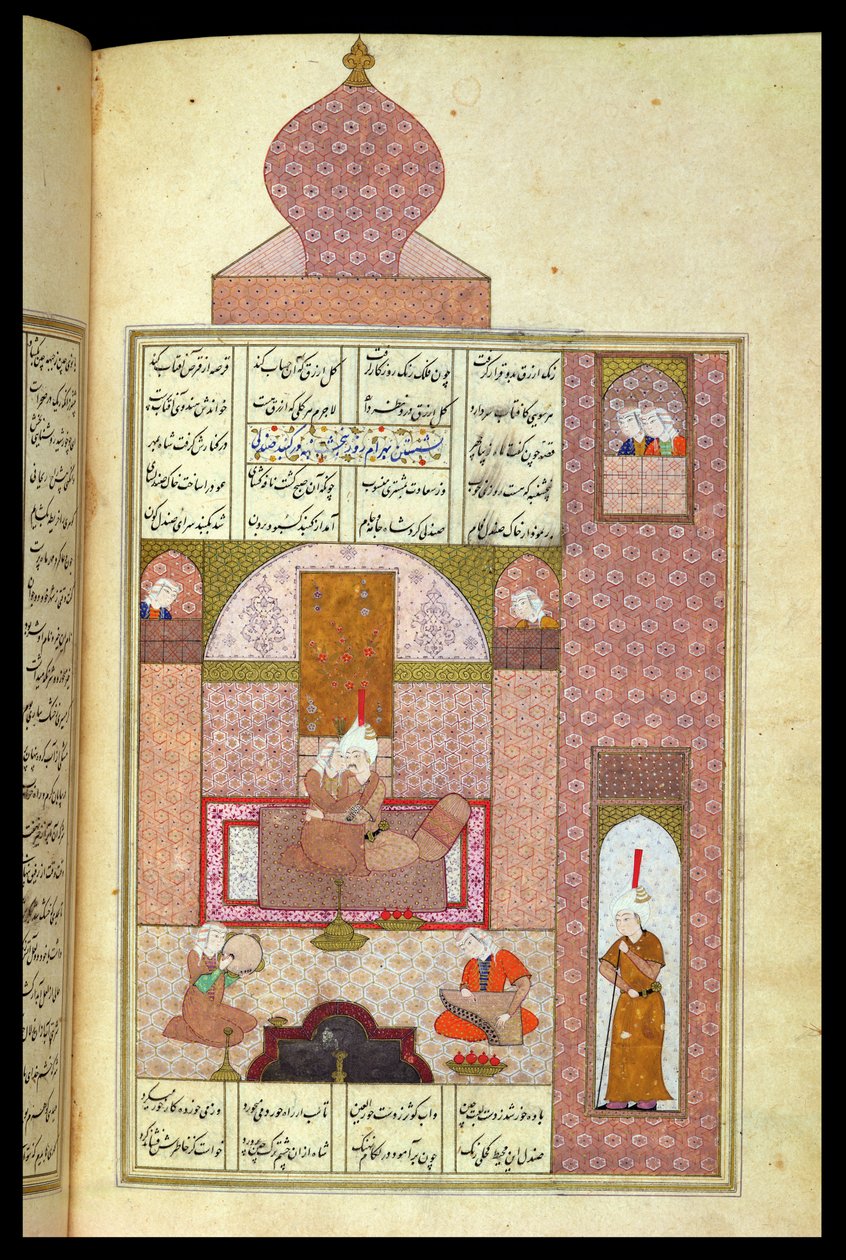 Ms D-212 fol.221b Bahram (420-28) Besøger prinsessen af Rum, illustration til 