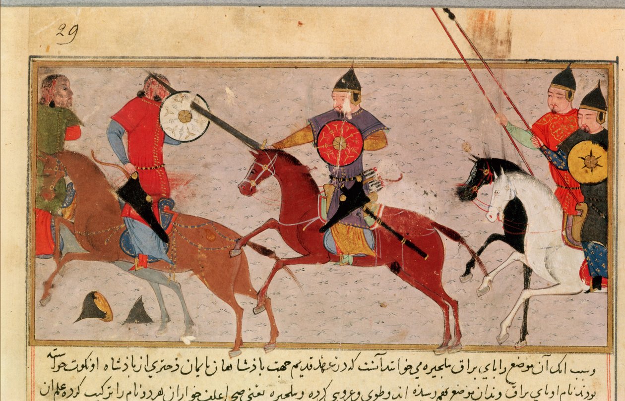 Ms Pers.113 f.29 Genghis Khan (ca. 1162-1227) Fighting the Tartars, fra en bog af Rashid-al-Din (1247-1318) (gouache) af Persian School