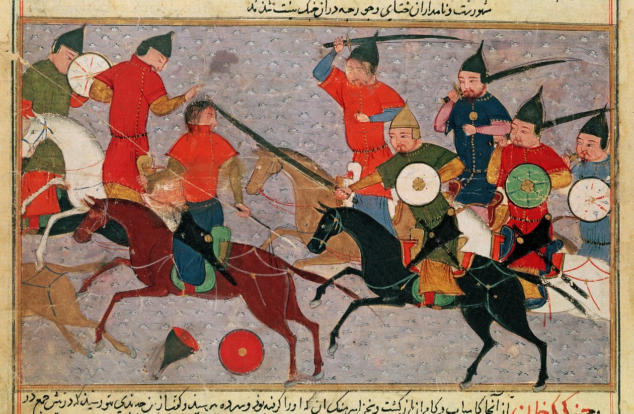 Ms Pers.113 f.49 Genghis Khan (ca. 1162-1227) i Battle, fra en bog af Rashid-al-Din (1247-1318) (gouache) af Persian School