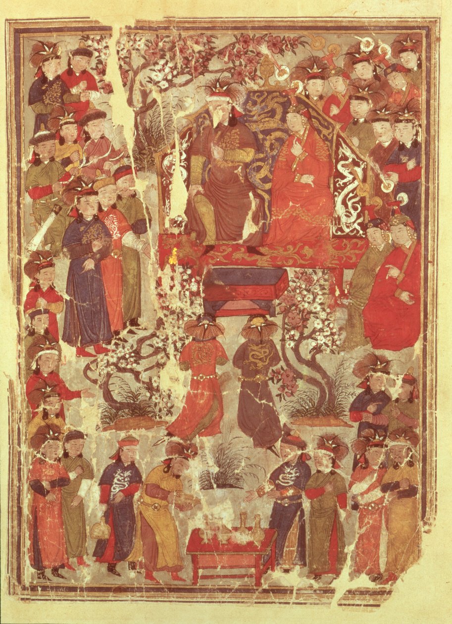 Ms. Supp. Pers. 1113 f.126v Djengis Khan og hans kone Bortei tronet foran hoffolk, folio fra en bog kaldet Jami al Tawarikh (Universal History) af Rashid ad-Din (1247-1318) af Persian School
