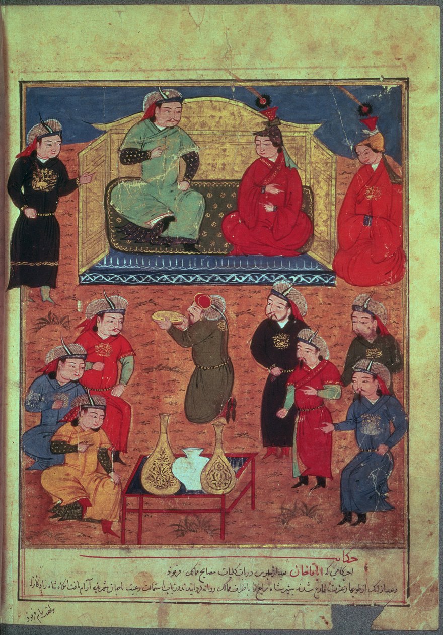 Fru Support. Kæledyr. 1113 fol.203v Arhaan Khan med to af sine hustruer og sin søn Ghazan, fra en bog af Rashid ad-Din (1247-1318) af Persian School