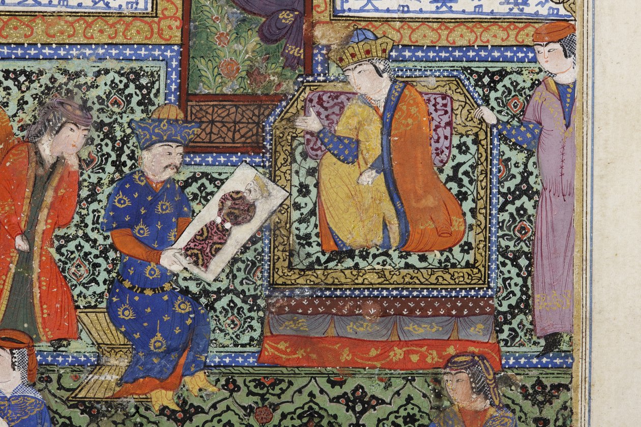 Nushabeh modtager portrættet af Eskandar, ca. 1475 (ugennemsigtigt wc på papir) af Persian School