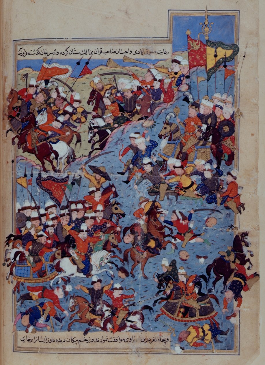 Eller 5736 fol.122v Slaget mellem Timur (1336-1405) og Tuqtamish Khan i 1395, fra 