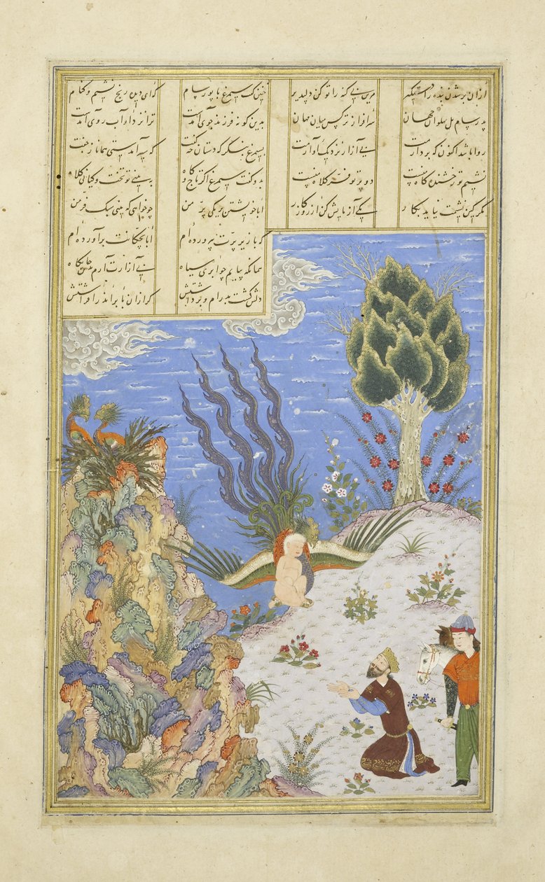 Persisk 239 fol.16b Simurgh genskaber Z?l til S?m, illustration fra Shahnama (Kongenes Bog), af Abul-Qasim Mansur Firdawsi (ca.934-c.1020), 1444 af Persian School