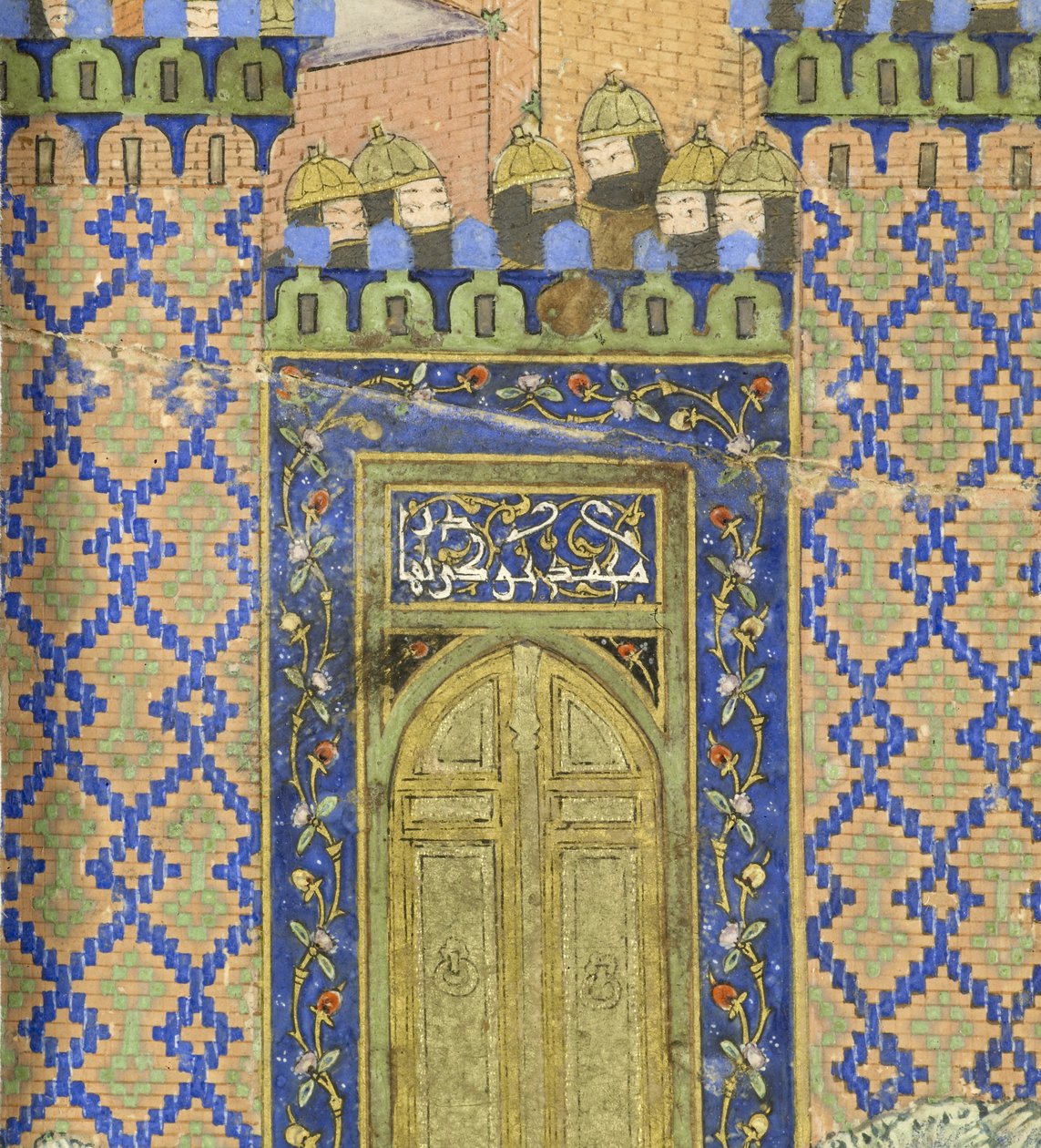 Persisk 239 fol.278a Detalje: Isfandiy?r dræber Arj?sp in the Brazen Hold, illustration fra Shahnama (Kongernes Bog), af Abul-Qasim Mansur Firdawsi (c.934-c.1020), 1444 af Persian School