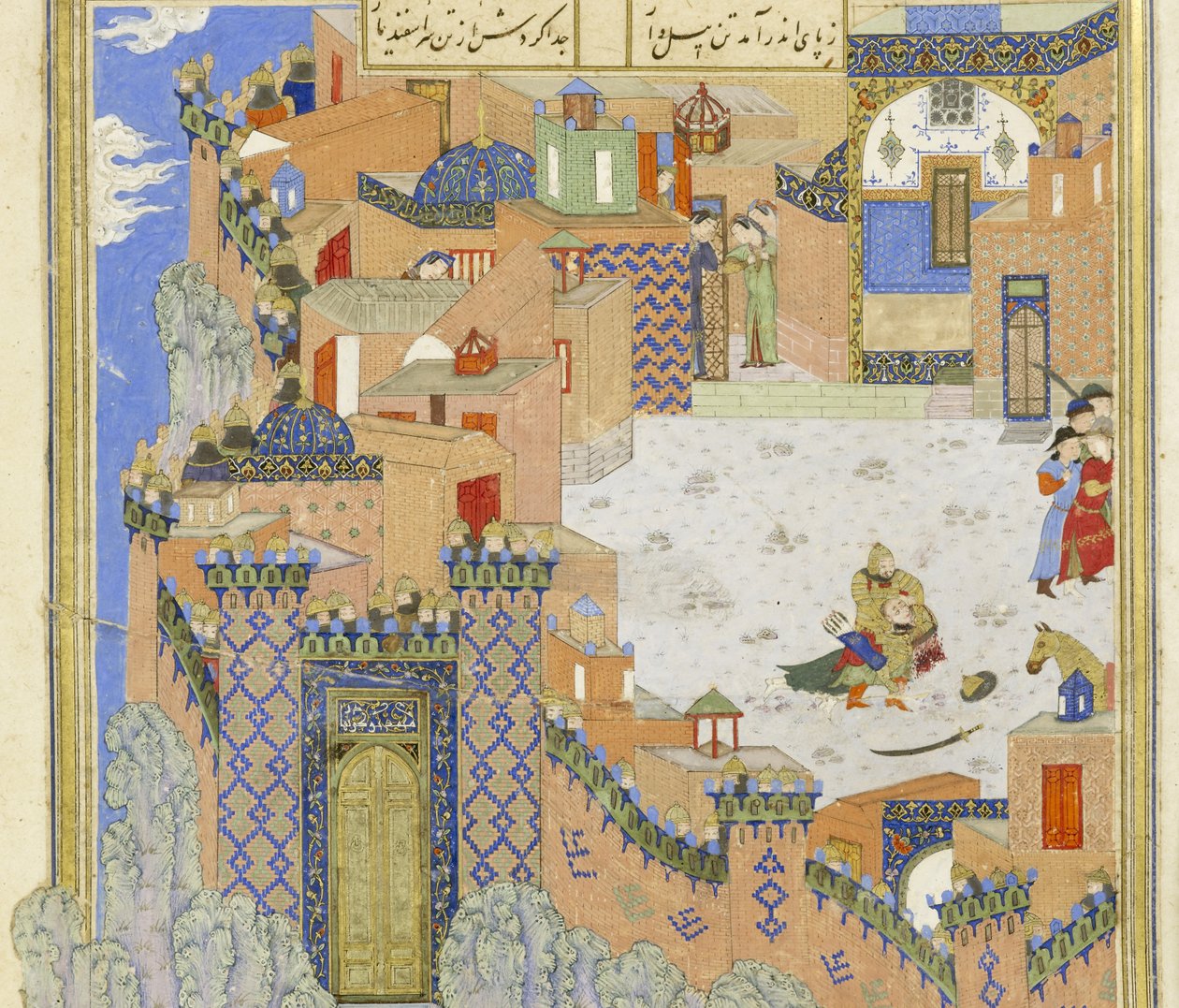 Persisk 239 fol.278a Detalje: Isfandiy?r dræber Arj?sp in the Brazen Hold, illustration fra Shahnama (Kongernes Bog), af Abul-Qasim Mansur Firdawsi (c.934-c.1020), 1444 af Persian School