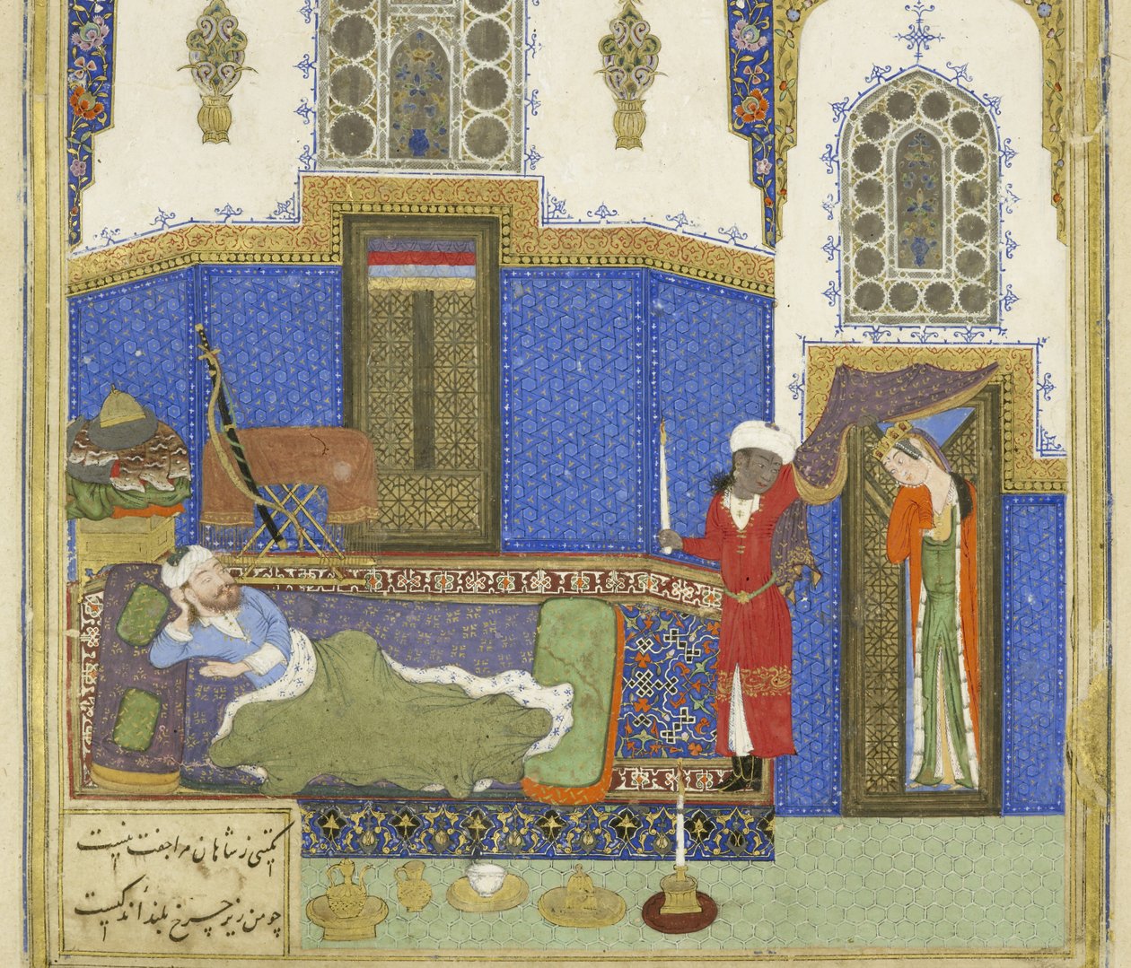 Persisk 239 fol.56b Detalje: Tahm?nah kommer til Rustam, illustration fra Shahnama (Kongenes Bog), af Abul-Qasim Mansur Firdawsi (c.934-c.1020), 1444 af Persian School