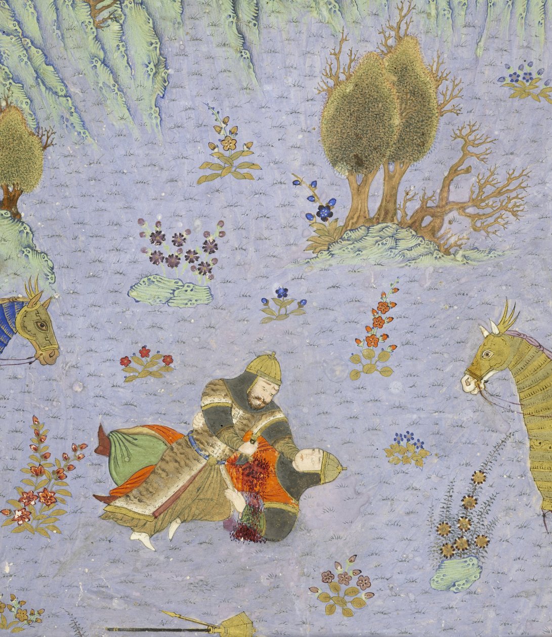 Persisk 239 fol.67b Detalje: Suhr?b dræbt af Rustam, illustration fra Shahnama (Kongenes Bog), af Abul-Qasim Mansur Firdawsi (c.934-c.1020), 1444 af Persian School