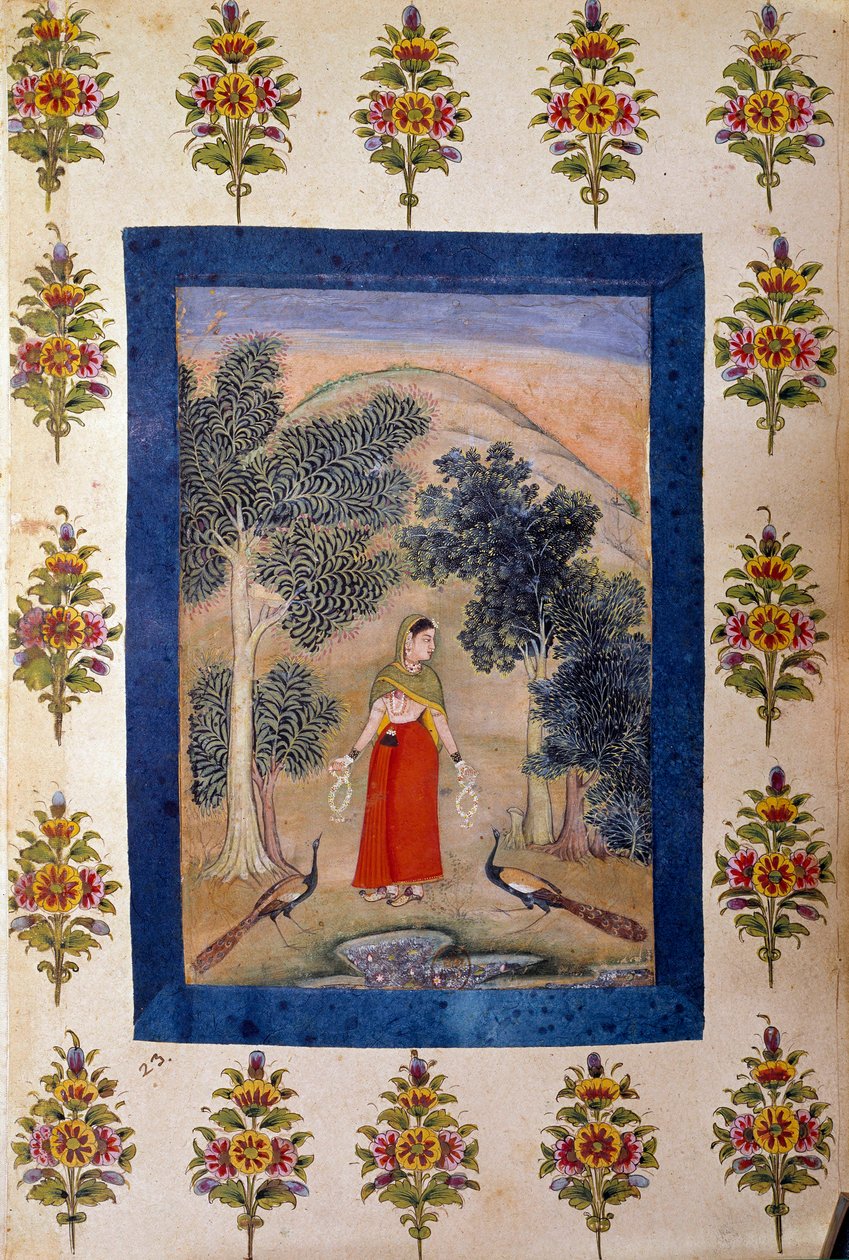 Persisk kunst: dame med to blomsterhalskæder, som hun præsenterer, har to påfugle. Persisk miniature af Persian School