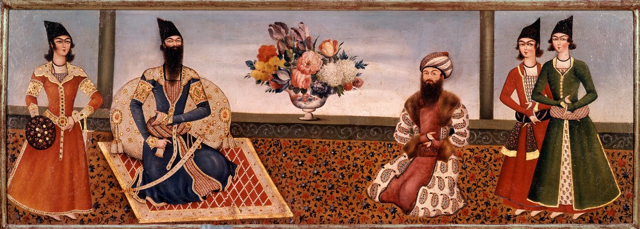 Den persiske kong Fath Ali Shah (1771-1834) omgiver medlemmer af sit hof Maleri af Shiraz-skolen (Shiraz) (1800-tallet) Teheran, Foroughi-samlingen af Persian School