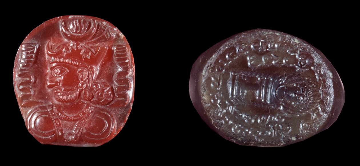 Persisk kunst: Kamee af Kavadh I (eller Qobad, Kobad, Kabad) (488-496 e.Kr.) konge af det andet persiske imperium og agatstempel fra sassanidperioden. 5. eller 6. århundrede e.Kr. Paris, B.N. af Persian School