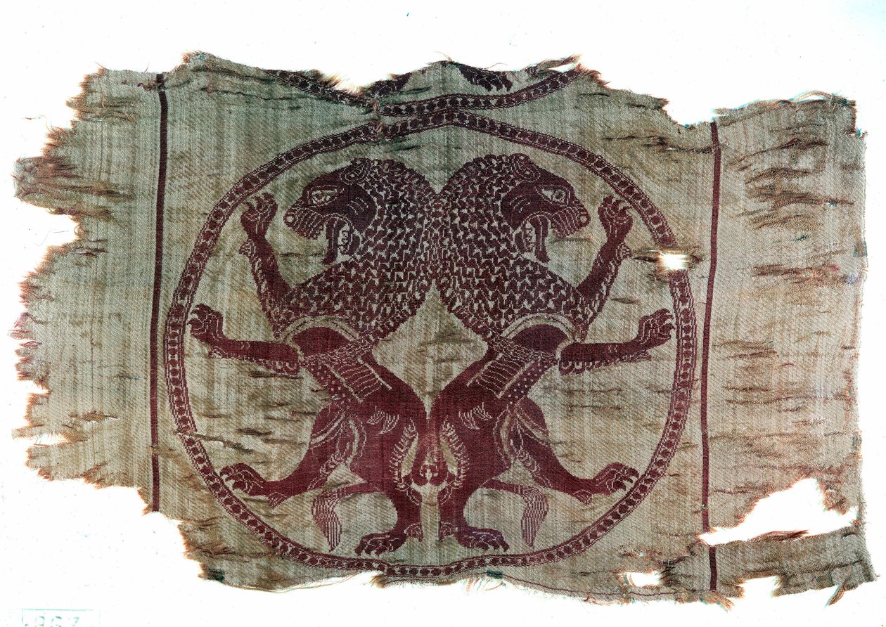 Persisk kunst: broderet stof, der repræsenterer to løver af sassanid-inspiration. 8. århundrede e.Kr. Privat samling af Persian School