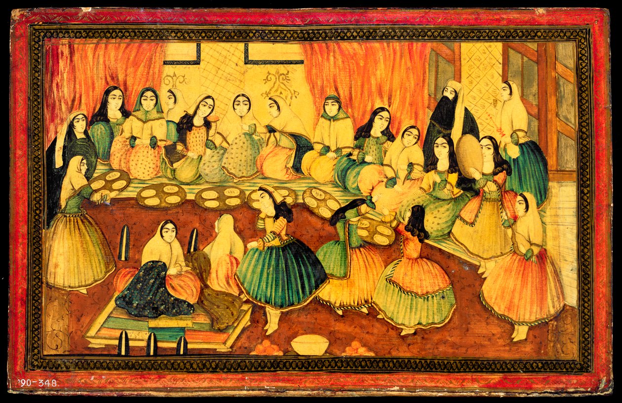 Persisk fest for kvinder, halvdelen af et bogomslag, Iran, 1800-tallet (farvet papmache med guld og blæk) af Persian School