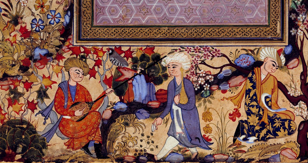 Persisk miniature, der repræsenterer en underholdningsscene med musikere. Detalje af en gouache fra det 16. århundrede. Paris, Louvre-museet af Persian School