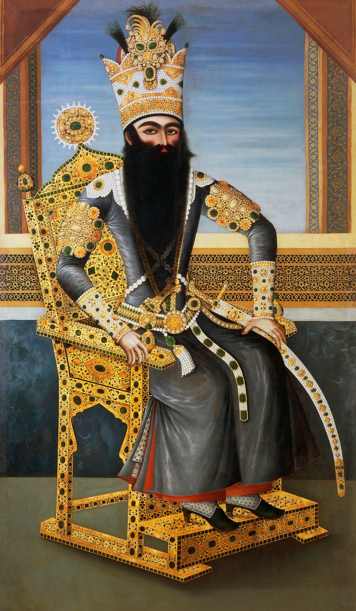 Portræt af Fath Ali Shah (1762-1834), ca 1805, konge af Persien fra 1797 til 1834, ukendt kunstner, olie på lærred af Persian School