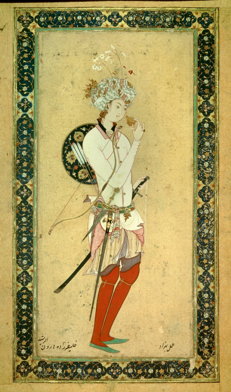 Portræt af Haroun al-Rashid (Harun al Rashid eller al-Rashid (al Rashid) eller ar Rashid (ar-Rashid) eller el Rashid (el-Rashid) eller el Raschid (el-Rashid) eller al Raschid (al-Rashid) , Abassid kalif (766? 809). Persisk miniature af Persian School