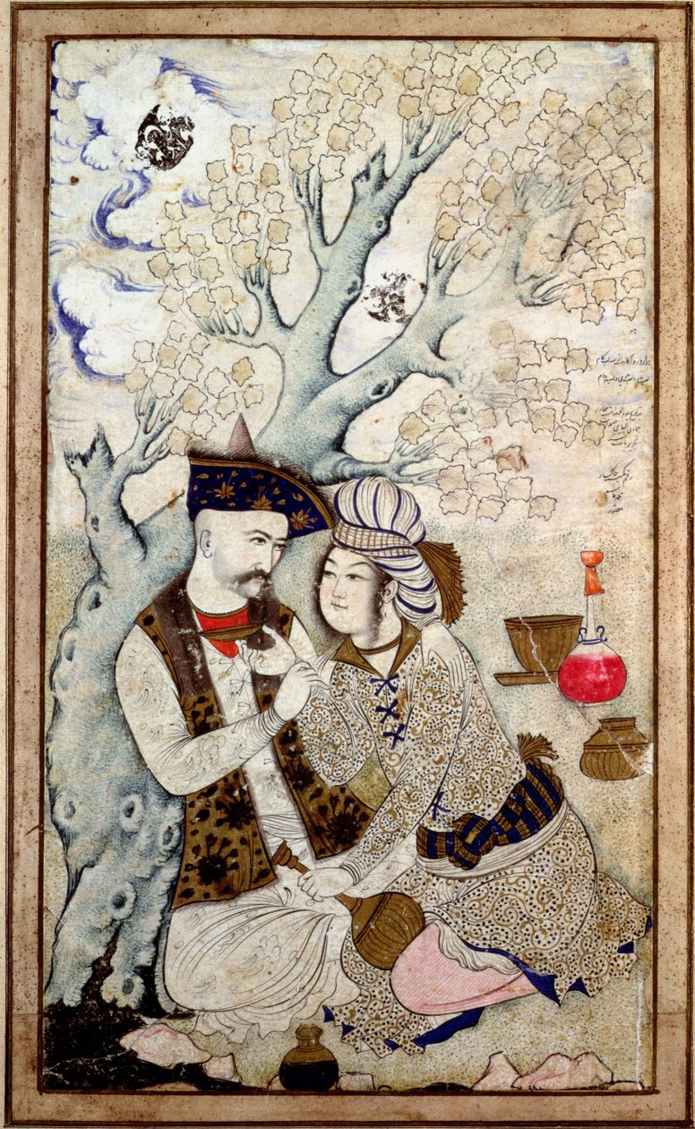 Portræt af Shah Abbas I med en af hans sider, signeret Muhammad Qasim af Persian School